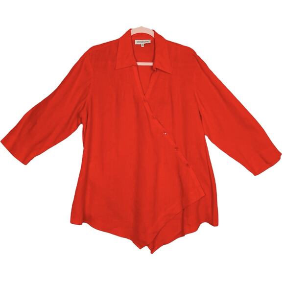 Jones NY Sz 1X Linen Shirt Top Red Asymmetric Button Front Lightweight - Picture 1 of 13
